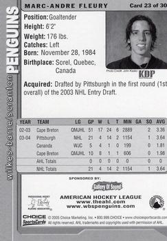 2004-05 Choice Wilkes-Barre/Scranton Penguins (AHL) #23 Marc-Andre Fleury Back