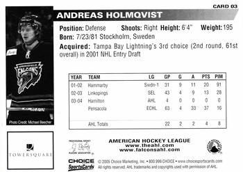 2004-05 Choice Springfield Falcons (AHL) #3 Andreas Holmqvist Back