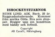 1964 Coralli Hockeystjarnor (Swedish) #33 Rune Lind Back