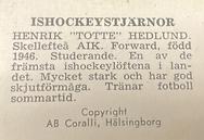 1964 Coralli Hockeystjarnor (Swedish) #144 Henrik Hedlund Back