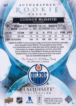 2015-16 Upper Deck The Cup - Exquisite Collection Rookie Autograph Patch Shield #97 Connor McDavid Back