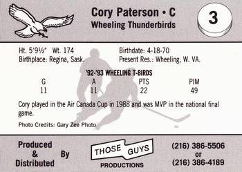1993-94 Those Guys Productions Wheeling Thunderbirds (ECHL) #3 Cory Paterson Back