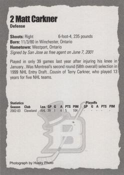 2003-04 Cleveland Barons (AHL) #NNO Matt Carkner Back