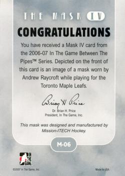 2006-07 In The Game Between The Pipes - The Mask IV Toronto Spring Expo #M-06 Andrew Raycroft Back