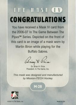 2006-07 In The Game Between The Pipes - The Mask IV Toronto Spring Expo #M-28 Martin Biron Back