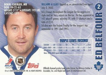 2002-03 Toronto Maple Leafs Platinum Collection #2 Ed Belfour Back