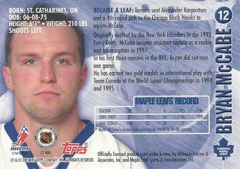 2002-03 Toronto Maple Leafs Platinum Collection #12 Bryan McCabe Back