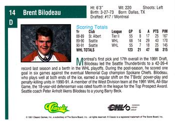 1991 Classic Draft Picks #14 Brent Bilodeau Back