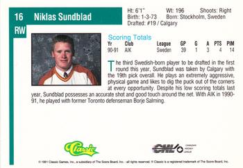1991 Classic Draft Picks #16 Niklas Sundblad Back