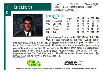 1991 Classic Draft Picks #1 Eric Lindros Back