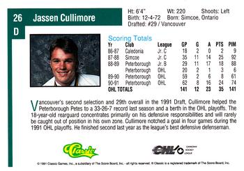 1991 Classic Draft Picks #26 Jassen Cullimore Back