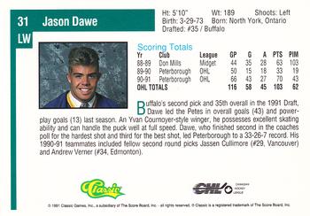 1991 Classic Draft Picks #31 Jason Dawe Back