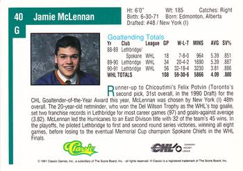 1991 Classic Draft Picks #40 Jamie McLennan Back