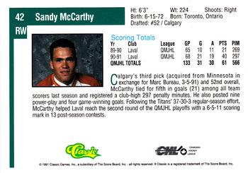 1991 Classic Draft Picks #42 Sandy McCarthy Back