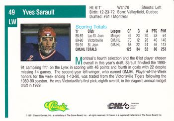 1991 Classic Draft Picks #49 Yves Sarault Back