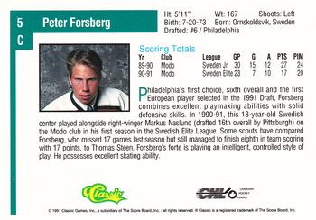 1991 Classic Draft Picks #5 Peter Forsberg Back