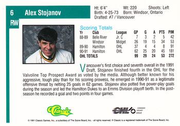 1991 Classic Draft Picks #6 Alek Stojanov Back