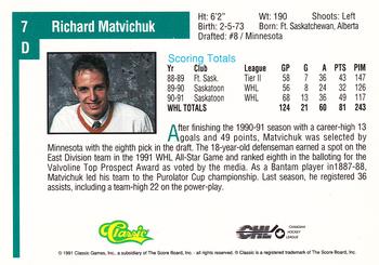 1991 Classic Draft Picks #7 Richard Matvichuk Back