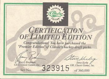 1991 Classic Draft Picks #NNO Certification Of Limited Edition Front