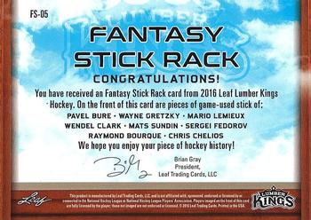 2016 Leaf Lumber Kings - Fantasy Stick Rack Platinum #FS-05 Pavel Bure / Wayne Gretzky / Mario Lemieux / Wendel Clark / Mats Sundin / Sergei Fedorov / Raymond Bourque / Chris Chelios Back