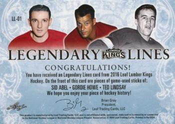 2016 Leaf Lumber Kings - Legendary Lines Platinum #LL-01 Sid Abel / Gordie Howe / Ted Lindsay Back