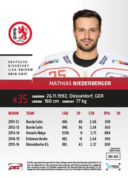 2016-17 German DEL Playercards Premium #DEL-342 Mathias Niederberger Back