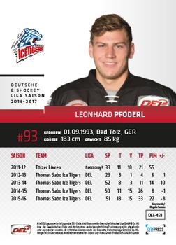 2016-17 German DEL Playercards Premium #DEL-459 Leonhard Pfoderl Back