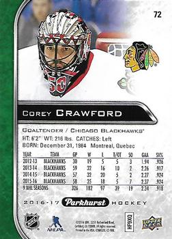 2016-17 Parkhurst #72 Corey Crawford Back