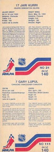 1983-84 Vachon - Uncut Panels #31 /111 Jari Kurri / Gary Lupul Back