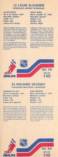 1983-84 Vachon - Uncut Panels #54 / 74 Richard Sevigny / Louis Sleigher Back