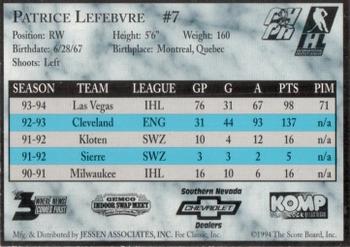 1994-95 Classic Las Vegas Thunder (IHL) #NNO Patrice Lefebvre Back