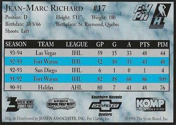 1994-95 Classic Las Vegas Thunder (IHL) #NNO Jean-Marc Richard Back