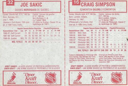 1989-90 Kraft - Panels #16 / 32 Craig Simpson / Joe Sakic Back