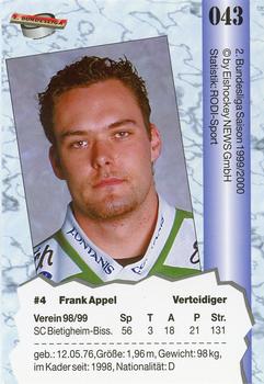 1999-00 Eishockey News 2.Bundesliga Germany #043 Frank Appel Back