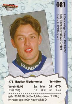 1999-00 Eishockey News 2.Bundesliga Germany #081 Bastian Niedermeier Back