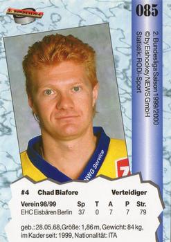 1999-00 Eishockey News 2.Bundesliga Germany #085 Chad Biafore Back