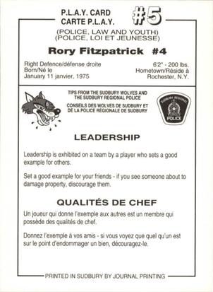 1992-93 Sudbury Wolves (OHL) Police #5 Rory Fitzpatrick Back