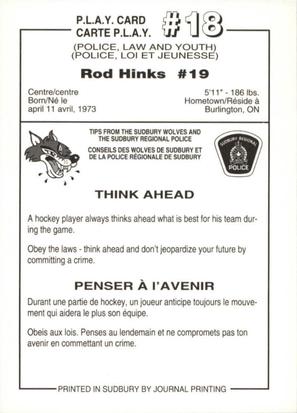 1992-93 Sudbury Wolves (OHL) Police #18 Rod Hinks Back