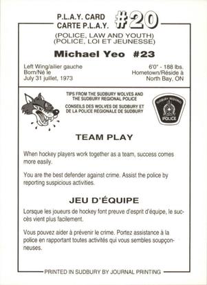 1992-93 Sudbury Wolves (OHL) Police #20 Mike Yeo Back