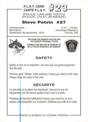 1992-93 Sudbury Wolves (OHL) Police #23 Steve Potvin Back