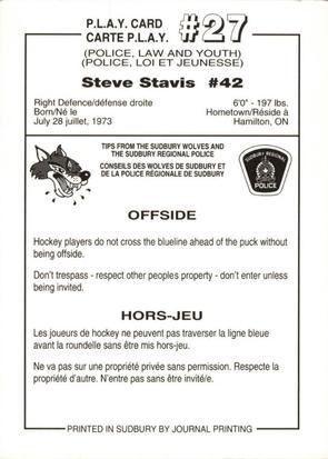 1992-93 Sudbury Wolves (OHL) Police #27 Steve Staios Back