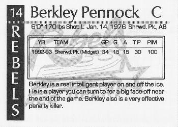 1993-94 Red Deer Rebels (WHL) #NNO Berkley Pennock Back