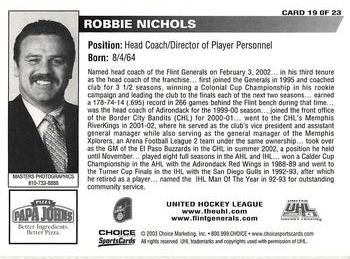 2002-03 Choice Flint Generals (UHL) #19 Robbie Nichols Back