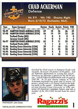 1999-00 Q-Cards Hampton Roads Admirals (ECHL) #1 Chad Ackerman Back
