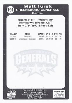 2003-04 RBI Sports ECHL #191 Matt Turek Back