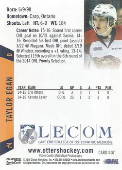 2015-16 Choice Erie Otters (OHL) #7 Taylor Egan Back