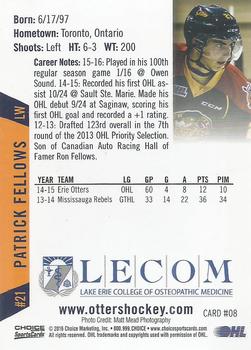 2015-16 Choice Erie Otters (OHL) #8 Patrick Fellows Back