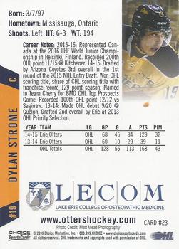 2015-16 Choice Erie Otters (OHL) #23 Dylan Strome Back