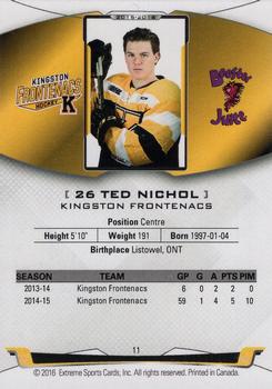 2015-16 Extreme Kingston Frontenacs (OHL) #11 Ted Nichol Back