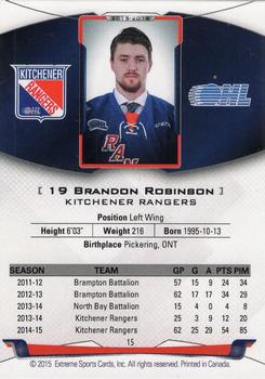 2015-16 Extreme Kitchener Rangers (OHL) #15 Brandon Robinson Back